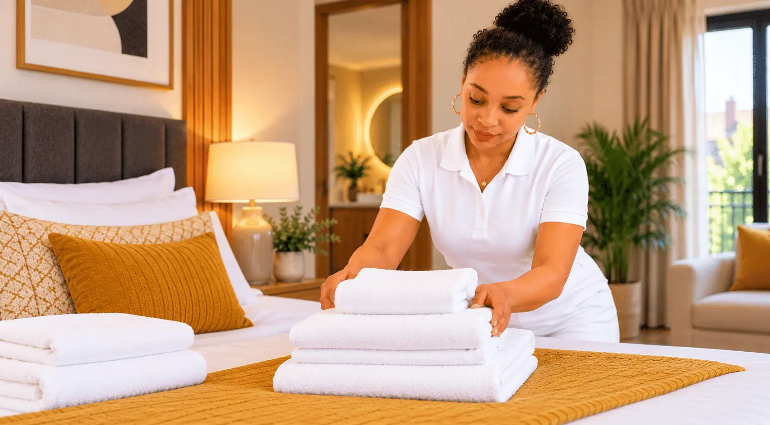 Neatly folded fresh towels and bed linen prepared for an Airbnb guest changeover in Birmingham